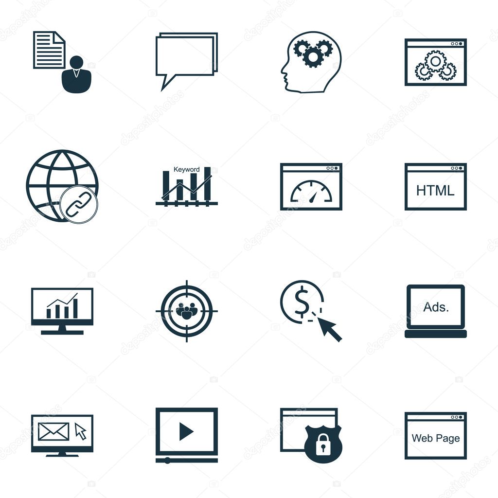 Set Of SEO Icons On Conference, Loading Speed And Newsletter Topics. Editable Vector Illustration. Includes Brain, Focus And Marketing Vector Icons.