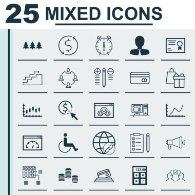 25 evrensel düzenlenebilir simgeler kümesi. Web, mobil ve App tasarım için kullanılabilir. Gibi yükleme hızı, para, hisse senedi piyasası ve daha fazlasını içeren.