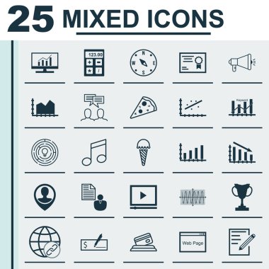 25 evrensel düzenlenebilir simgeler kümesi. Web, mobil ve App tasarım için kullanılabilir. Anahtar kelime optimizasyonu, bankacilik, dilimlenmiş Pizza ve daha fazla gibi simgeleri içerir.