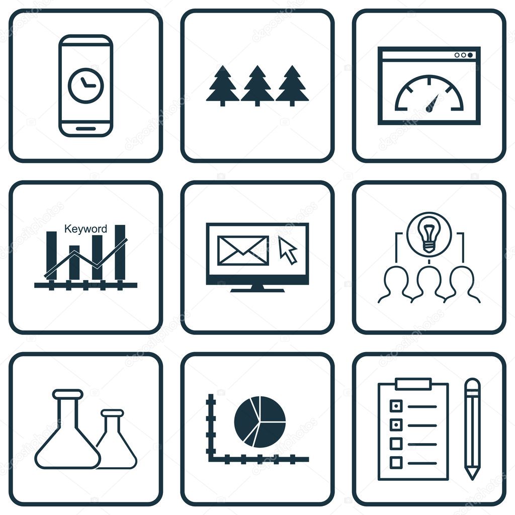 Set Of 9 Universal Editable Icons. Can Be Used For Web, Mobile And App Design. Includes Icons Such As Keyword Optimisation, Circle Graph, Reminder And More.