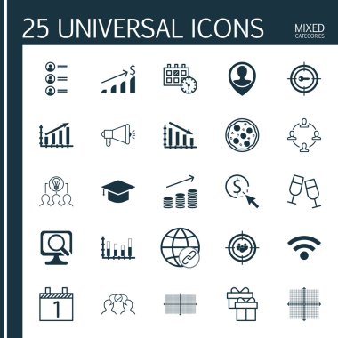 25 evrensel düzenlenebilir simgeler kümesi. Web, mobil ve App tasarım için kullanılabilir. Odak grup, parçalı çubuk grafik, grafik ızgara ve daha fazlası gibi simgeleri içerir.