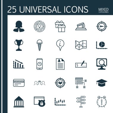 25 evrensel düzenlenebilir simgeler kümesi. Web, mobil ve App tasarım için kullanılabilir. Zamanlama, mezuniyet, daire grafik ve daha fazlası gibi simgeleri içerir.
