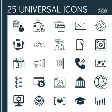25 evrensel düzenlenebilir simgeler kümesi. Web, mobil ve App tasarım için kullanılabilir. Duyuru, Dynamics, Koçluk gibi simgeler ve daha fazlasını içerir.