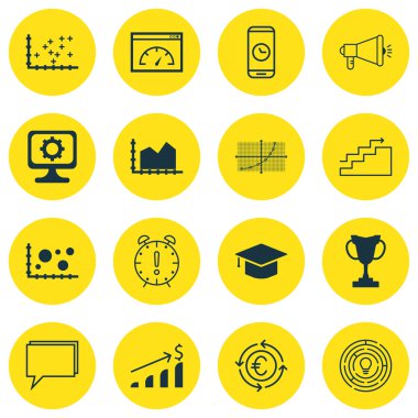 16 evrensel düzenlenebilir simgeler kümesi. Web, mobil ve App tasarım için kullanılabilir. Medya kampanyası, zaman yönetimi, karşılaştırma ve daha fazlası gibi simgeleri içerir.