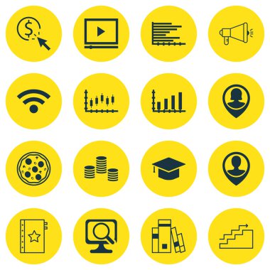 16 evrensel düzenlenebilir simgeler kümesi. Web, mobil ve App tasarım için kullanılabilir. Borsa, Kütüphane, çubuk grafik ve daha fazlası gibi simgeleri içerir.