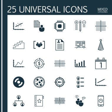 25 evrensel düzenlenebilir simgeler kümesi. Web, mobil ve App tasarım için kullanılabilir. Chip, boş Cd, Cosinus diyagramı ve daha fazlası gibi simgeleri içerir.