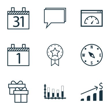 9 evrensel düzenlenebilir simgeler kümesi. Web, mobil ve App tasarım için kullanılabilir. Mevcut rozet, konferans, parçalı çubuk grafik ve daha fazlası gibi simgeleri içerir.