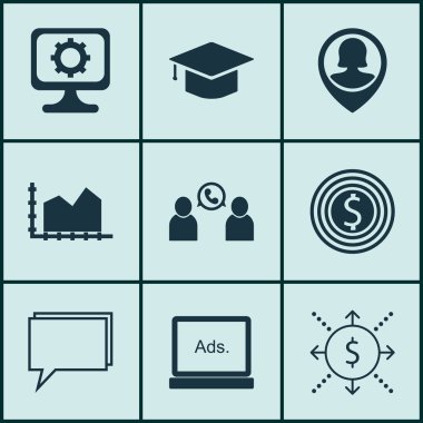 9 evrensel düzenlenebilir simgeler kümesi. Web, mobil ve App tasarım için kullanılabilir. Sıra grafik, iş hedefi, mezuniyet ve daha fazlası gibi simgeleri içerir.