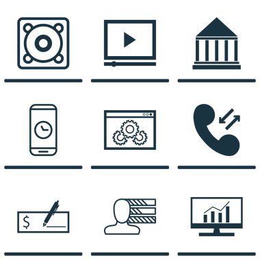 9 evrensel düzenlenebilir simgeler kümesi. Web, mobil ve App tasarım için kullanılabilir. Banka ödemesi, Eğitim Merkezi, arama süresi ve daha fazlası gibi simgeleri içerir.
