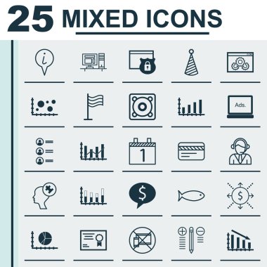 25 evrensel düzenlenebilir simgeler kümesi. Web, mobil ve App tasarım için kullanılabilir. Müzik, bilgisayar, gündemi ve daha fazlası gibi simgeleri içerir.