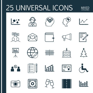 25 evrensel düzenlenebilir simgeler kümesi. Web, mobil ve App tasarım için kullanılabilir. Yükseltme diyagramı, sertifika, hatırlatma ve daha fazlası gibi simgeleri içerir.