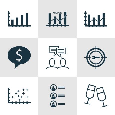 9 evrensel düzenlenebilir simgeler kümesi. Web, mobil ve App tasarım için kullanılabilir. Dynamics, anahtar kelime Pazarlama, yükseltme diyagramı ve daha fazlası gibi simgeleri içerir.