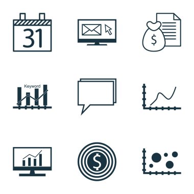 9 evrensel düzenlenebilir simgeler kümesi. Web, mobil ve App tasarım için kullanılabilir. Pazar araştırması, başarı grafiği, karşılaştırma ve daha fazlası gibi simgeleri içerir.