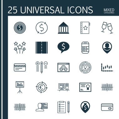 25 evrensel düzenlenebilir simgeler kümesi. Web, mobil ve App tasarım için kullanılabilir. Para birimi geri dönüşüm gibi plastik kart, yenilik ve diğer simgeler içerir.