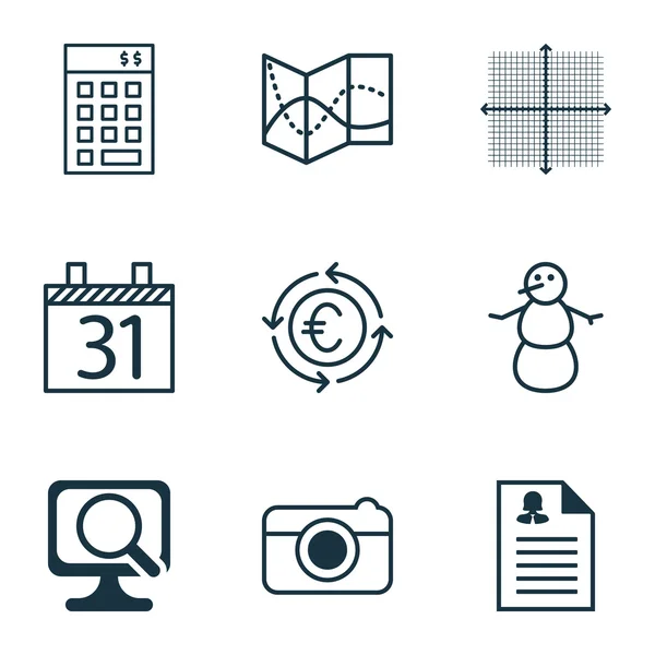 Set de 9 iconos editables universales. Puede ser utilizado para el diseño web, móvil y de aplicaciones. Incluye iconos como invierno, calle, computadora portátil y más . — Vector de stock