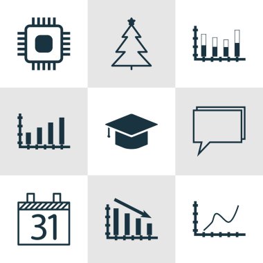 9 evrensel düzenlenebilir simgeler kümesi. Web, mobil ve App tasarım için kullanılabilir. Fail grafik, bir şekilde dekore edilmiş ağaç, tarihi ve daha fazlası gibi simgeleri içerir.