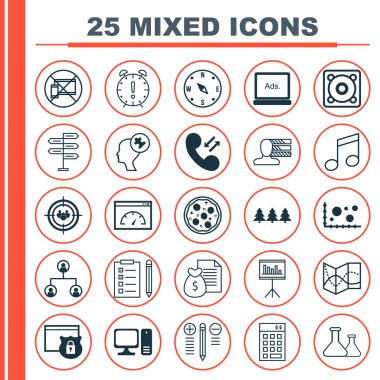 25 evrensel düzenlenebilir simgeler kümesi. Web, mobil ve App tasarım için kullanılabilir. Ağaç yapısı, zaman yönetimi, müzik ve daha fazlası gibi simgeleri içerir.