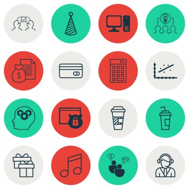 16 evrensel düzenlenebilir simgeler kümesi. Web, mobil ve App tasarım için kullanılabilir. Operatör, Analytics, birlikte çalışma çözümü ve daha fazlası gibi simgeleri içerir.