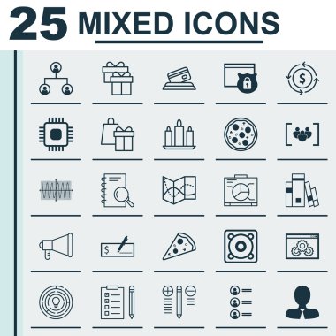 25 evrensel düzenlenebilir simgeler kümesi. Web, mobil ve App tasarım için kullanılabilir. Yenilik, Yöneticisi, müzik ve daha fazlası gibi simgeleri içerir.