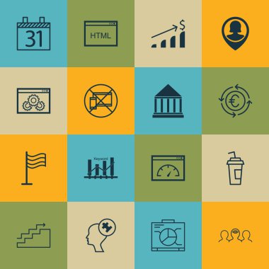 16 evrensel düzenlenebilir simgeler kümesi. Web, mobil ve App tasarım için kullanılabilir. Anahtar kelime optimizasyonu, kodlama, Eğitim Merkezi ve daha fazlası gibi simgeleri içerir.