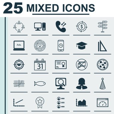 25 evrensel düzenlenebilir simgeler kümesi. Web, mobil ve App tasarım için kullanılabilir. Sıra grafik, doğum günü şapkası, sertifika ve daha fazlası gibi simgeleri içerir.