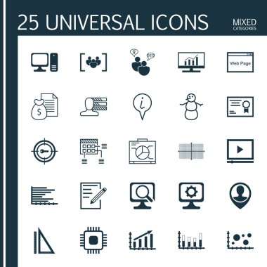 25 evrensel düzenlenebilir simgeler kümesi. Web, mobil ve App tasarım için kullanılabilir. Dizüstü bilgisayar, Pazar araştırması, zamanlama ve daha fazlası gibi simgeleri içerir.