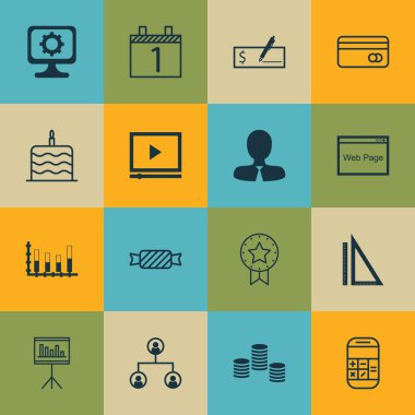 16 evrensel düzenlenebilir simgeler kümesi. Web, mobil ve App tasarım için kullanılabilir. Mevcut rozet, para, ölçüm ve daha fazlası gibi simgeleri içerir.