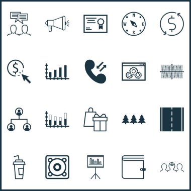 20 evrensel düzenlenebilir simgeler kümesi. Web, mobil ve App tasarım için kullanılabilir. Medya kampanyası, parçalı çubuk grafik, bulmak gibi simgeler içerir ve daha fazlası.