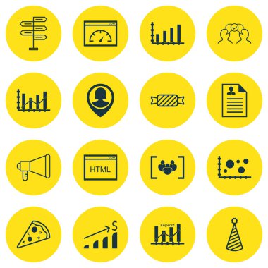 16 evrensel düzenlenebilir simgeler kümesi. Web, mobil ve App tasarım için kullanılabilir. Duyuru, anahtar kelime optimizasyonu, tatlı ve daha fazlası gibi simgeleri içerir.