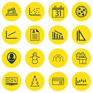 16 evrensel düzenlenebilir simgeler kümesi. Web, mobil ve App tasarım için kullanılabilir. Pizza yemek gibi simgeleri dekore edilmiş ağaç, hediye ve daha fazlasını içerir.