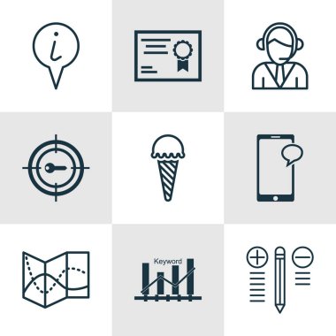 9 evrensel düzenlenebilir simgeler kümesi. Web, mobil ve App tasarım için kullanılabilir. Dondurulmuş gıda, bilgi işaretçi, mesajlaşma gibi simgeler ve daha fazlasını içerir.