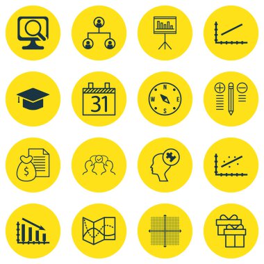 16 evrensel düzenlenebilir simgeler kümesi. Web, mobil ve App tasarım için kullanılabilir. Hediye, Laptop, karar verme ve daha fazlası gibi simgeleri içerir.