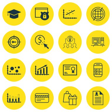 16 evrensel düzenlenebilir simgeler kümesi. Web, mobil ve App tasarım için kullanılabilir. Karşılaştırma, kar grafiği, anahtar kelime Pazarlama ve daha fazlası gibi simgeleri içerir.