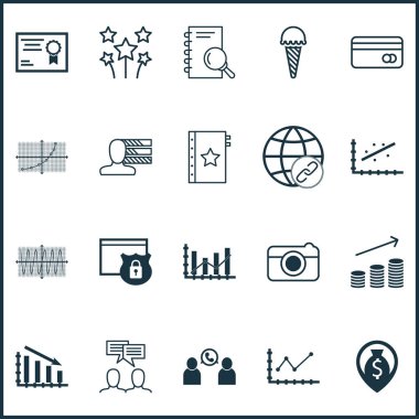 20 evrensel düzenlenebilir simgeler kümesi. Web, mobil ve App tasarım için kullanılabilir. Sertifika, paralar büyüme, Festival Fireworks ve daha fazlası gibi simgeleri içerir.