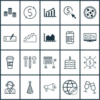 20 evrensel düzenlenebilir simgeler kümesi. Web, mobil ve App tasarım için kullanılabilir. Hesaplama, kutlama pastası, bankacilik ve daha fazlası gibi simgeleri içerir.