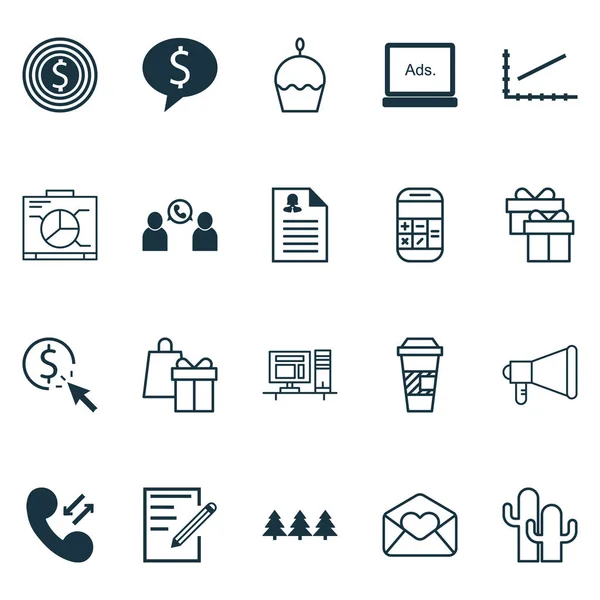 Conjunto de 20 iconos editables universales. Puede ser utilizado para el diseño web, móvil y de aplicaciones. Incluye iconos como papel, datos celulares, conferencia telefónica y más . — Vector de stock