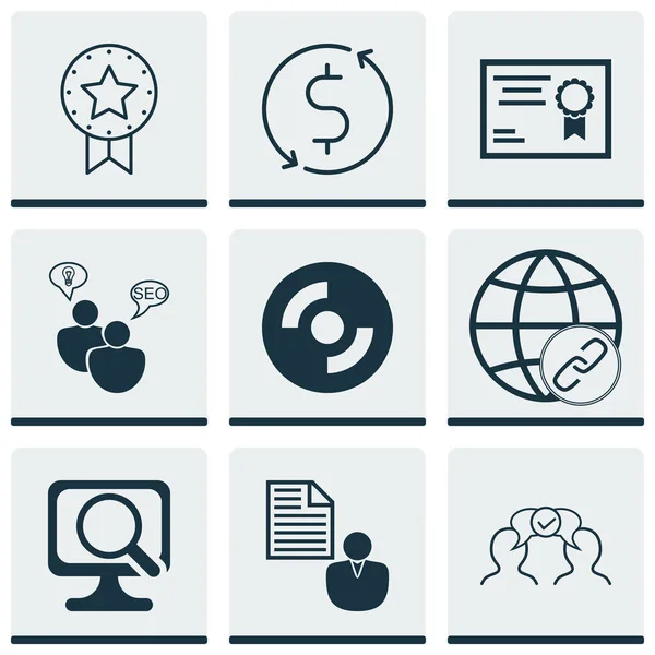 Set de 9 iconos editables universales. Puede ser utilizado para el diseño web, móvil y de aplicaciones. Incluye iconos como el informe, la insignia actual, la lluvia de ideas SEO y más . — Vector de stock