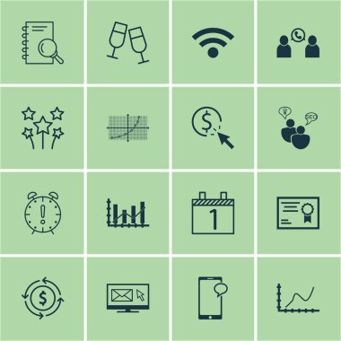 16 evrensel düzenlenebilir simgeler kümesi. Web, mobil ve App tasarım için kullanılabilir. Analiz, para geri dönüşüm gibi telefon konferansı ve daha fazlasını içeren.