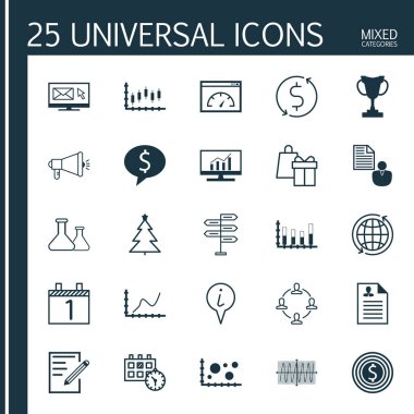 25 evrensel düzenlenebilir simgeler kümesi. Web, mobil ve App tasarım için kullanılabilir. Kimyasal, iş anlaşması, başarı grafik ve daha fazlası gibi simgeleri içerir.