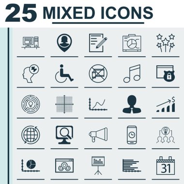 25 evrensel düzenlenebilir simgeler kümesi. Web, mobil ve App tasarım için kullanılabilir. Duyuru, Laptop, Yöneticisi ve daha fazlası gibi simgeleri içerir.