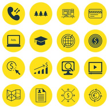 16 evrensel düzenlenebilir simgeler kümesi. Web, mobil ve App tasarım için kullanılabilir. Mezuniyet, yol haritası, dünya ve daha fazlası gibi simgeleri içerir.