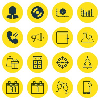 16 evrensel düzenlenebilir simgeler kümesi. Web, mobil ve App tasarım için kullanılabilir. Şampanya bardağı, cüzdan, iş kadını ve daha fazlası gibi simgeleri içerir.