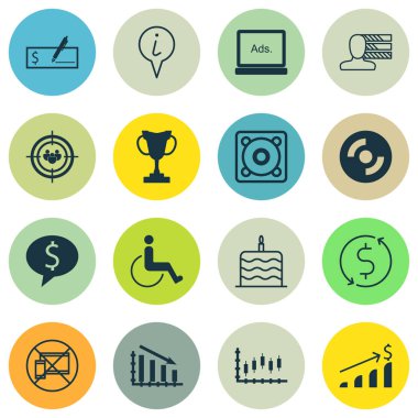 16 evrensel düzenlenebilir simgeler kümesi. Web, mobil ve App tasarım için kullanılabilir. Başarılı yatırım, odak grup, kutlama pastası ve daha fazlası gibi simgeleri içerir.
