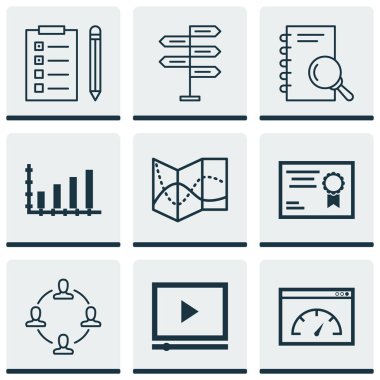 9 evrensel düzenlenebilir simgeler kümesi. Web, mobil ve App tasarım için kullanılabilir. Sertifika, uyarı mektubu, işbirliği ve daha fazlası gibi simgeleri içerir.