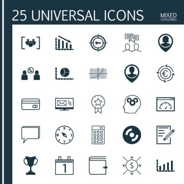 25 evrensel düzenlenebilir simgeler kümesi. Web, mobil ve App tasarım için kullanılabilir. Kağıt, bülten, çalışanın konumu ve daha fazlası gibi simgeleri içerir.
