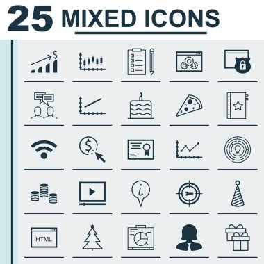 25 evrensel düzenlenebilir simgeler kümesi. Web, mobil ve App tasarım için kullanılabilir. Tartışma, borsa, sertifika ve daha fazlası gibi simgeleri içerir.