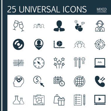 25 evrensel düzenlenebilir simgeler kümesi. Web, mobil ve App tasarım için kullanılabilir. PPC, para birimi geri dönüşüm gibi dijital medya ve daha fazlası simgeler içerir.