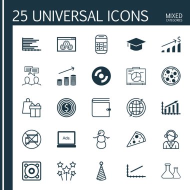 25 evrensel düzenlenebilir simgeler kümesi. Web, mobil ve App tasarım için kullanılabilir. Pizza yemek, kimyasal, çizgi grafik ve daha fazlası gibi simgeleri içerir.