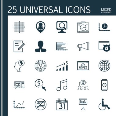 25 evrensel düzenlenebilir simgeler kümesi. Web, mobil ve App tasarım için kullanılabilir. Başarılı yatırım, Grafik kılavuz, insan aklının ve daha fazlası gibi simgeleri içerir.