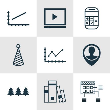 9 evrensel düzenlenebilir simgeler kümesi. Web, mobil ve App tasarım için kullanılabilir. Çizgi grafiği, doğum günü şapkası, değişiklikleri grafik ve daha fazlası gibi simgeleri içerir.